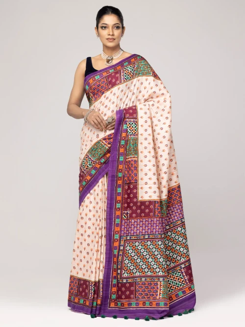 Beige Printed Endi Silk Saree